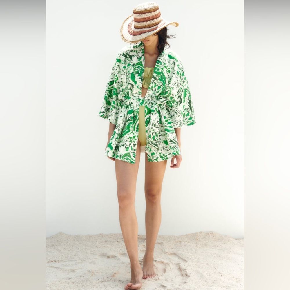 ZARA Linen Blend Printed Kimono Printed White + Green Size M/L
